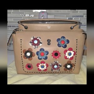Fendi Tan Leather Satchel with Multicolor Floral Appliqués, With COA And Dustbag